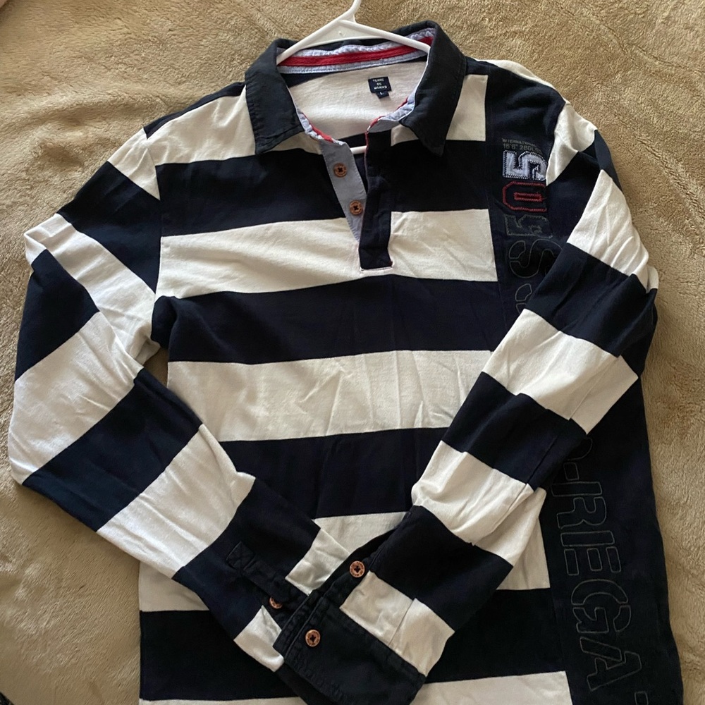 Striped Black and White Long Sleeve Polo Shirt